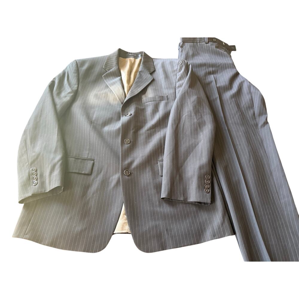 Calvin Klein Mens Wool Pant Suit 34x30 Brown Pinstripe Formal Business Workwear